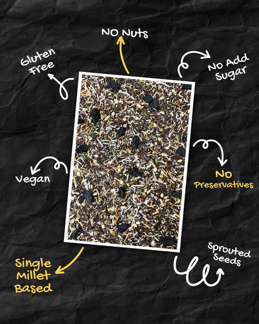 Nuts and seeds mix with text highlighting health benefits on a black background